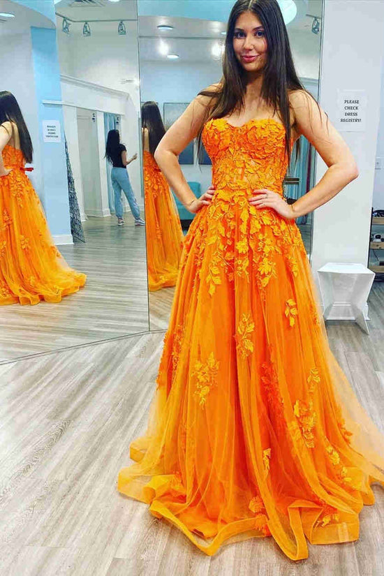 Long A-line Strapless Tulle Lace Prom Dress Orange Formal Evening Gowns-BIZTUNNEL