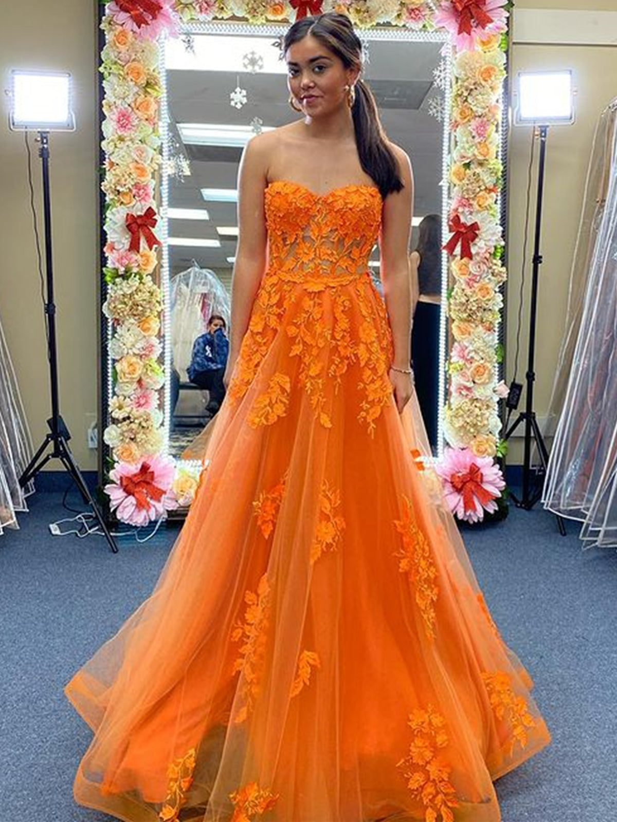 Long A-line Strapless Tulle Lace Prom Dress Orange Formal Evening Gowns-BIZTUNNEL