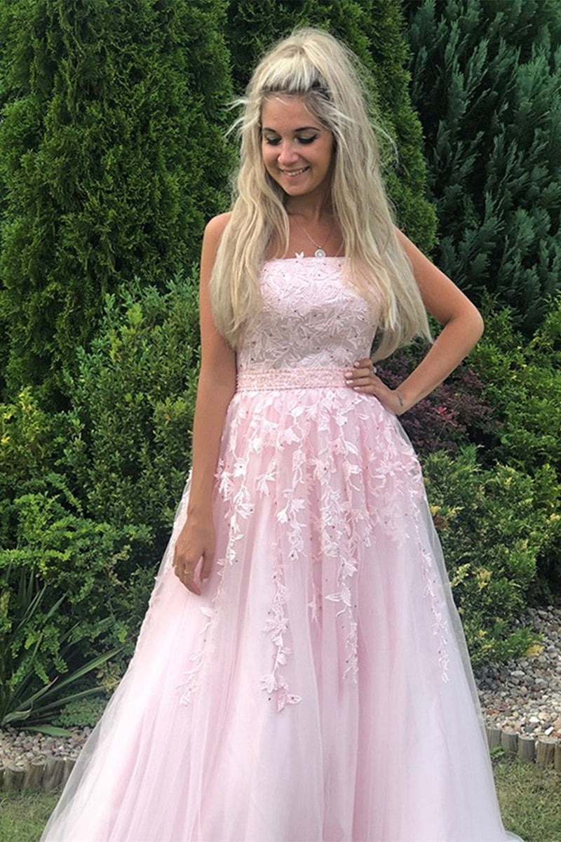Long A-line Strapless Tulle Lace Prom Dress Orange Formal Evening Gowns main image 1
