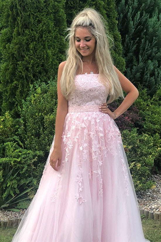 Long A-line Strapless Tulle Lace Prom Dress Pink Formal Graduation Evening Gowns-BIZTUNNEL