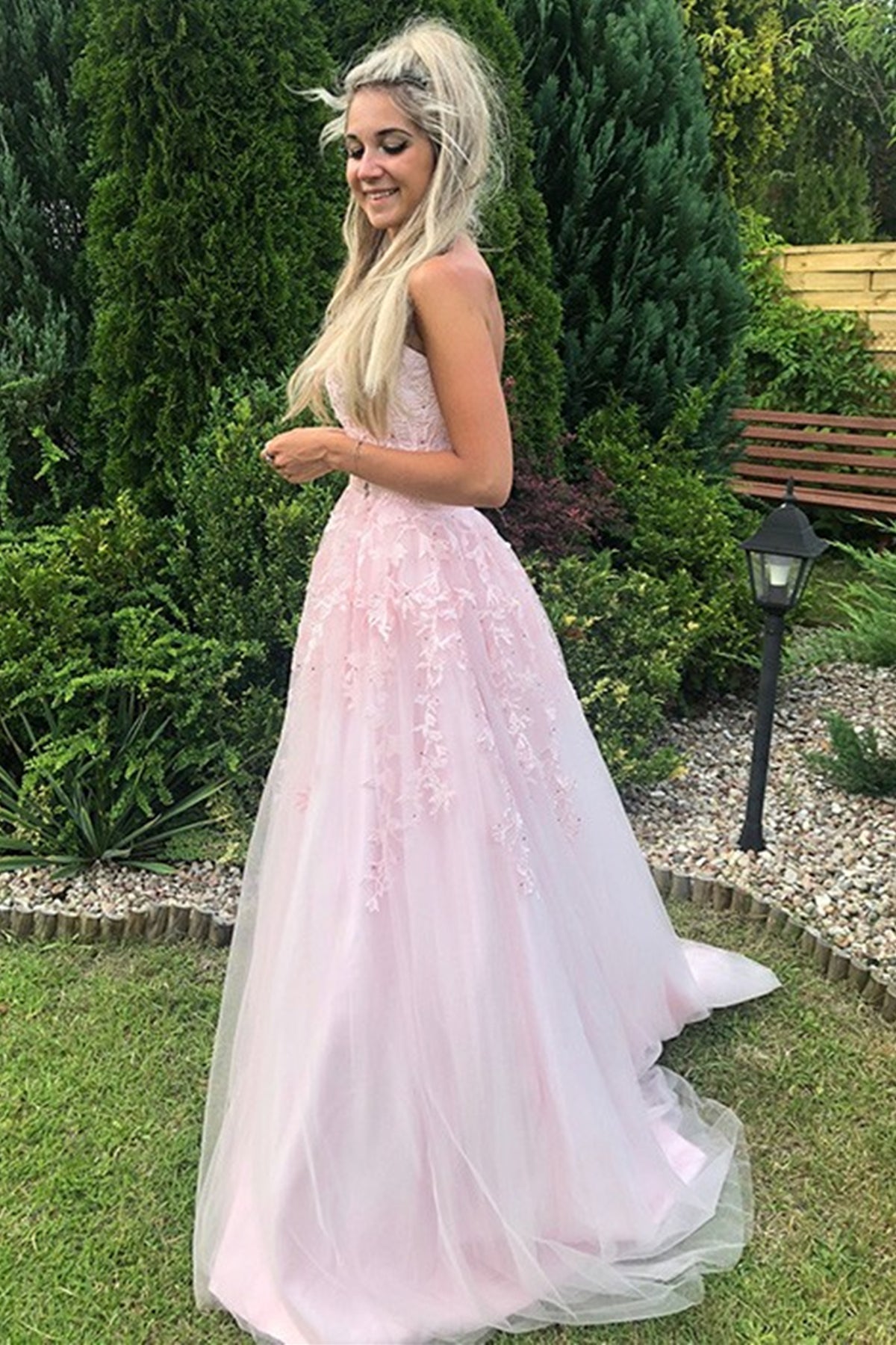 Long A-line Strapless Tulle Lace Prom Dress Pink Formal Graduation Evening Gowns-BIZTUNNEL