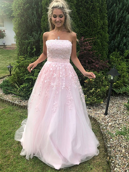 Long A-line Strapless Tulle Lace Formal Graduation Evening Prom Dresses main image 0