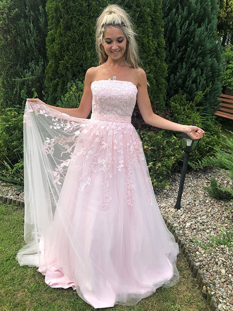 A-line Pink Satin and Tulle with Lace Formal Dress, Pink Strapless Evening Dress Prom Dress