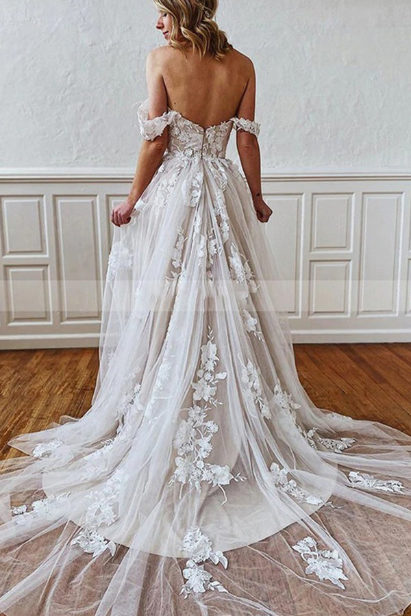 Charger l&amp;#39;image dans la galerie, Long A-line Straps Sweetheart Appliques Lace Tulle Backless Wedding Dress-BIZTUNNEL
