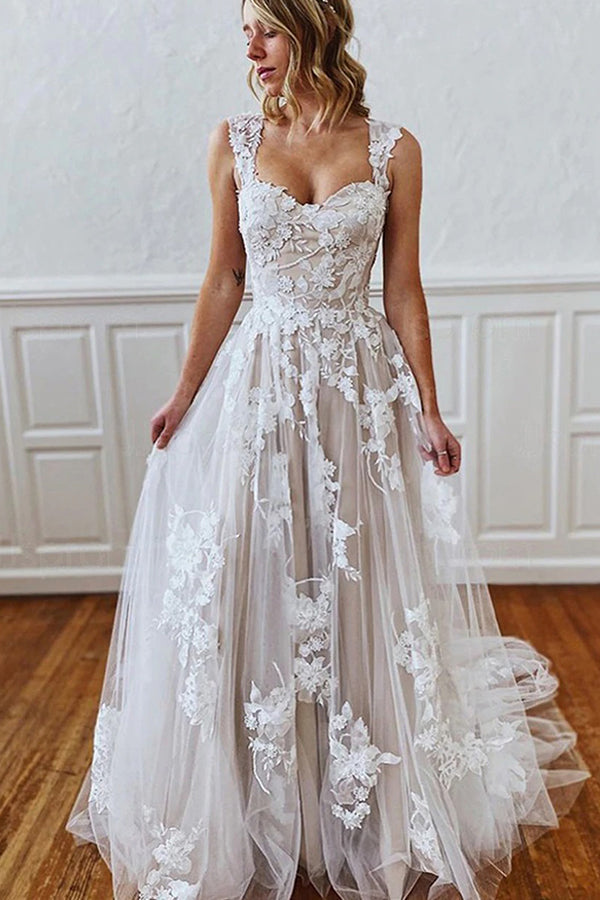 Long A-line Straps Sweetheart Appliques Lace Tulle Backless Wedding Dress-BIZTUNNEL