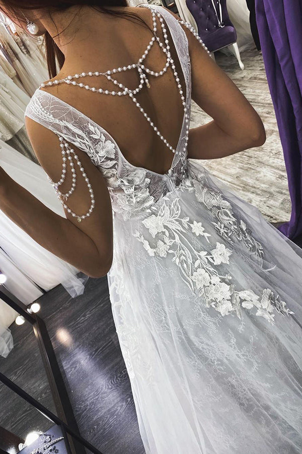 Long A-line Straps V-neck Appliques Pearls Backless Wedding Dress-BIZTUNNEL