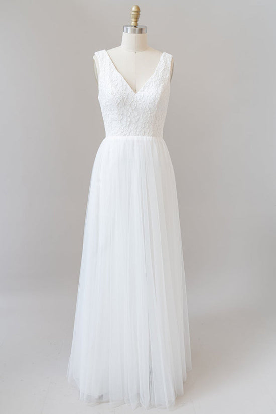 A-line Straps V Neck Open Back Chapel Lace Chiffon Wedding Dress