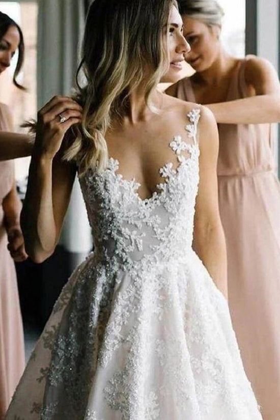 Load image into Gallery viewer, Long A-line Straps V-neck Floral Beads Tulle Backless Wedding Dress-BIZTUNNEL

