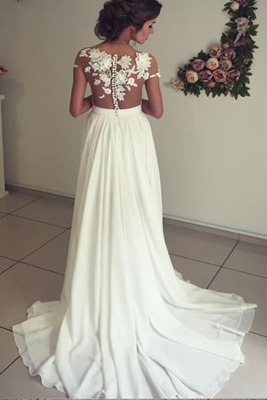 Long A-line Sweetheart Appliques Lace Chiffon Wedding Dress with Slit-BIZTUNNEL