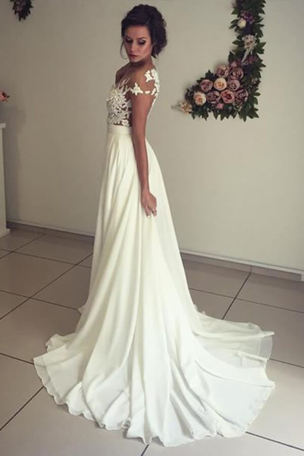 Long A-line Sweetheart Appliques Lace Chiffon Wedding Dress with Slit-BIZTUNNEL