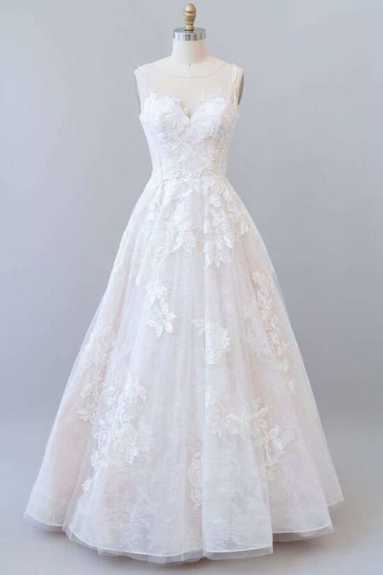 Long A-line Sweetheart Appliques Lace Tulle Wedding Dress-BIZTUNNEL