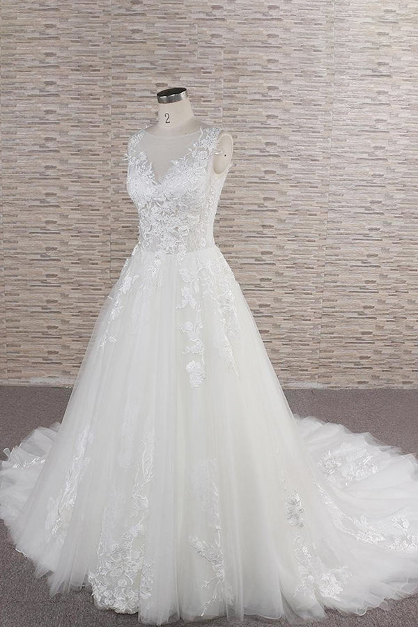 Long A-line Sweetheart Applqiues Lace Tulle Wedding Dress-BIZTUNNEL