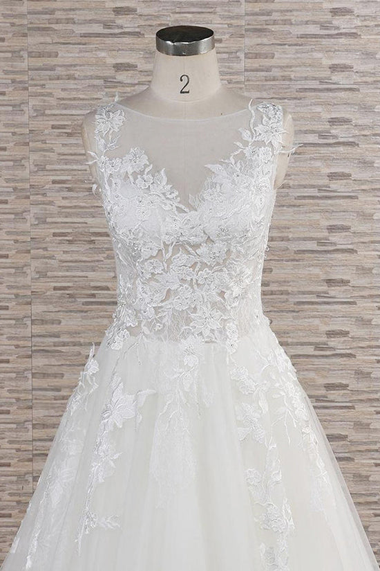Long A-line Sweetheart Applqiues Lace Tulle Wedding Dress-BIZTUNNEL