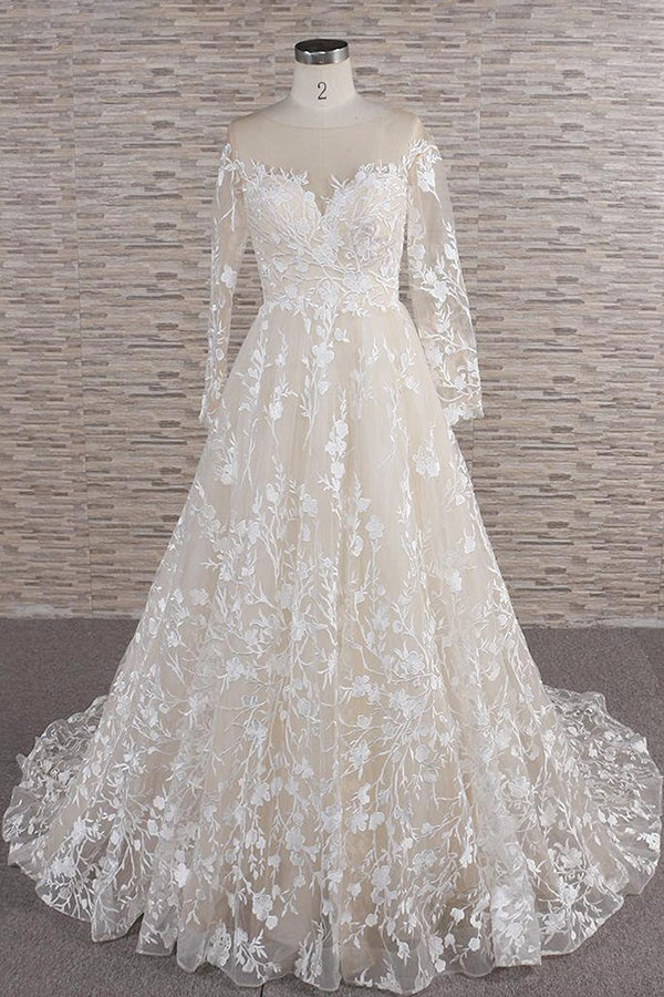 Elegant Long Sleeves A Line Wedding Dress with Sweetheart Neckline and Tulle Appliques