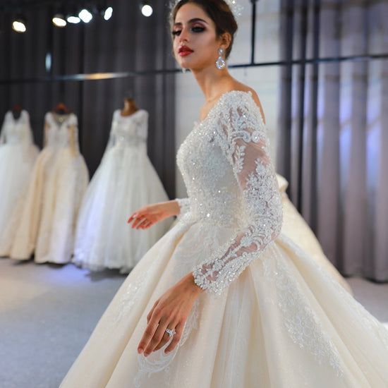 Long Sweetheart Backless Appliques Lace Sequins Ball Gown Wedding Dress