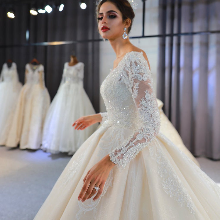 Deluxe Floor Length Sweetheart Long Sleeves A-Line Sequined Wedding Dress with Ruffles main image 1