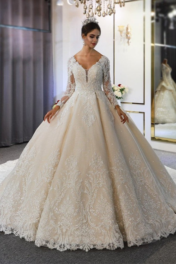 Deluxe Floor Length Sweetheart Long Sleeves A-Line Sequined Wedding Dress with Ruffles main image 0
