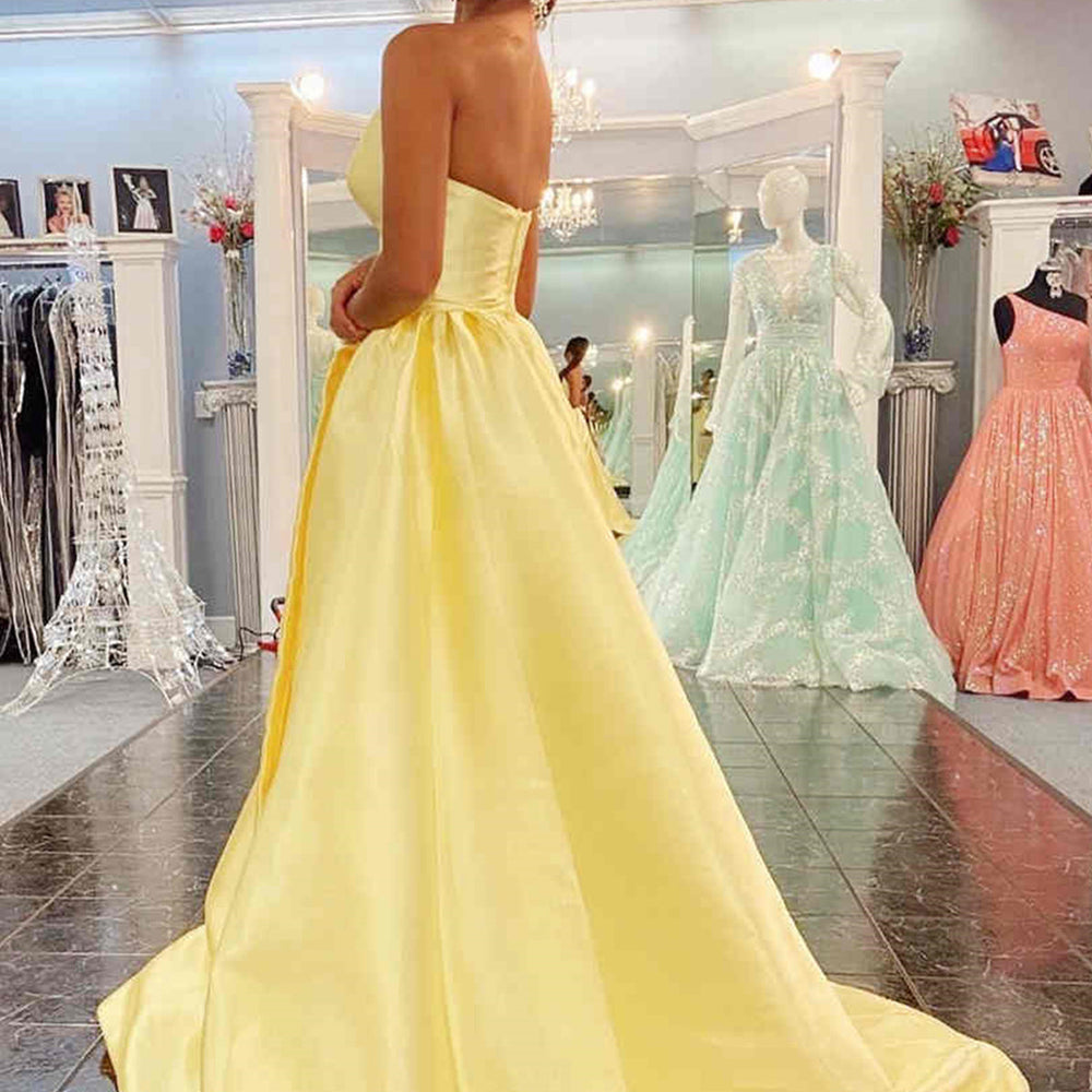 Long A-line Sweetheart Backless Satin Prom Dress Yellow Formal Graduation Evening Dresses Long A-line Sweetheart Backless Satin Prom Dress Yellow Formal Graduation Evening Dresses
