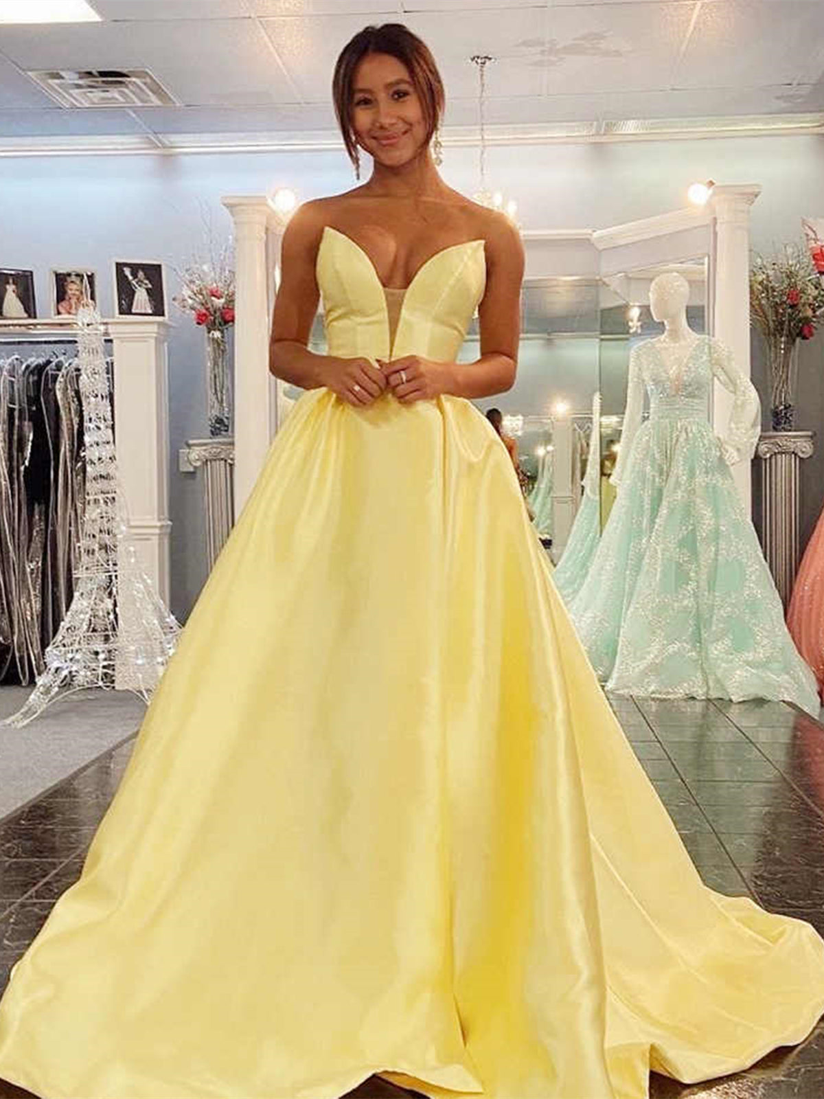 Long A-line Sweetheart Backless Satin Prom Dress Yellow Formal Graduation Evening Dresses-BIZTUNNEL