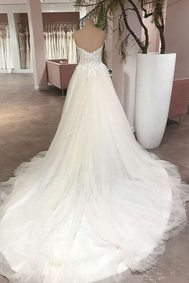 Long A-Line Sweetheart Backless Tulle Appliques Lace Wedding Dress-BIZTUNNEL