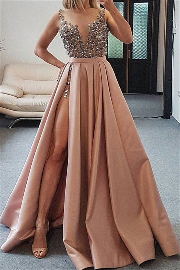 Long A-line Sweetheart Beading Satin Prom Dress with Slit-BIZTUNNEL