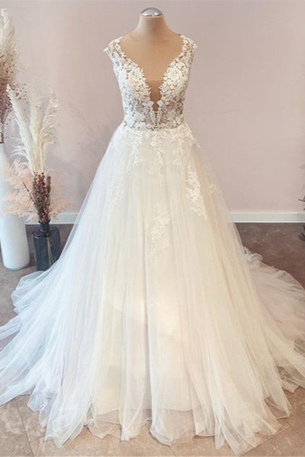 Carregar imagem no visualizador da galeria, Long A-Line Sweetheart Floral Lace Tulle Wedding Dress-BIZTUNNEL
