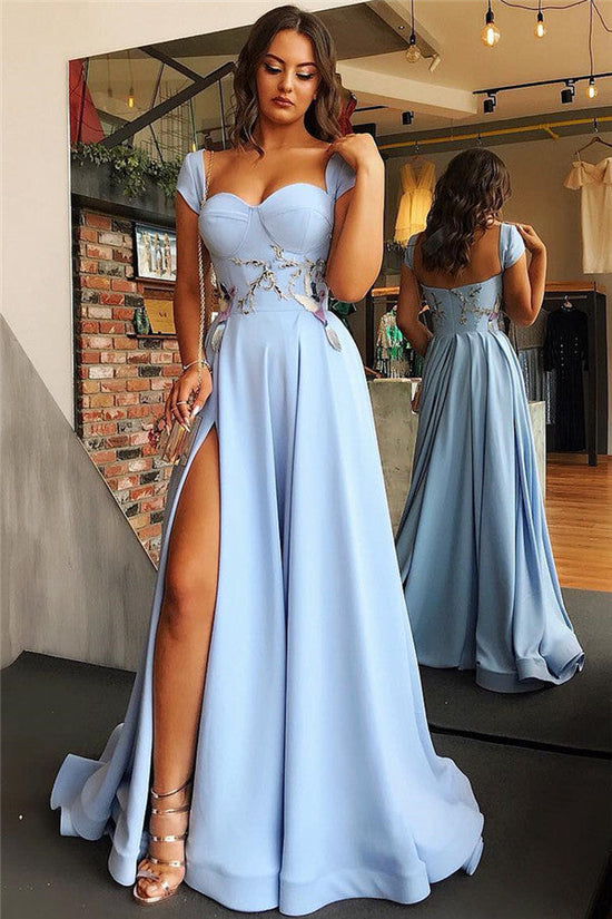 Long A-line Sweetheart Front Slit Prom Dresses with Cap Sleeves-BIZTUNNEL