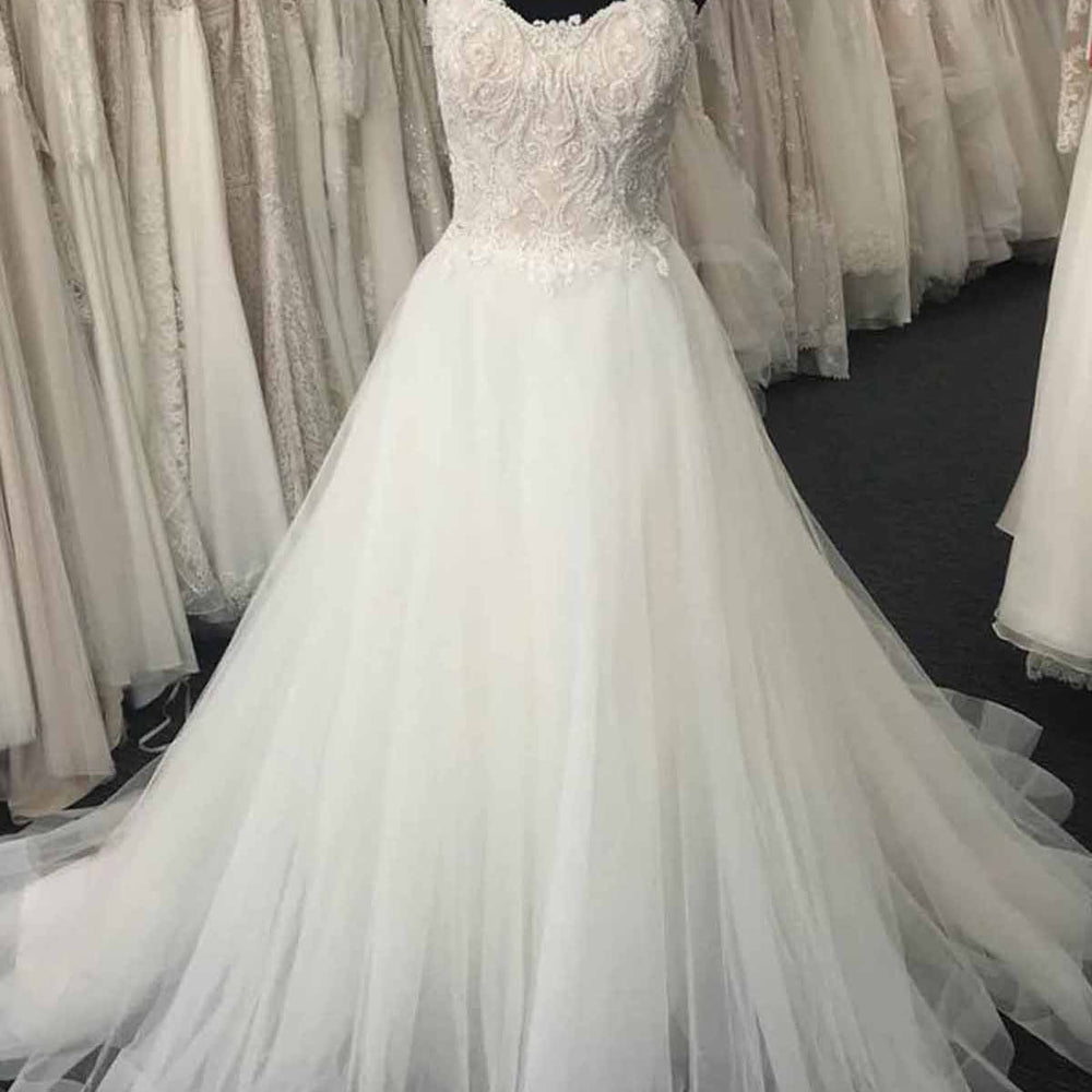 Long A-line Sweetheart Lace Tulle Wedding Dress-BIZTUNNEL