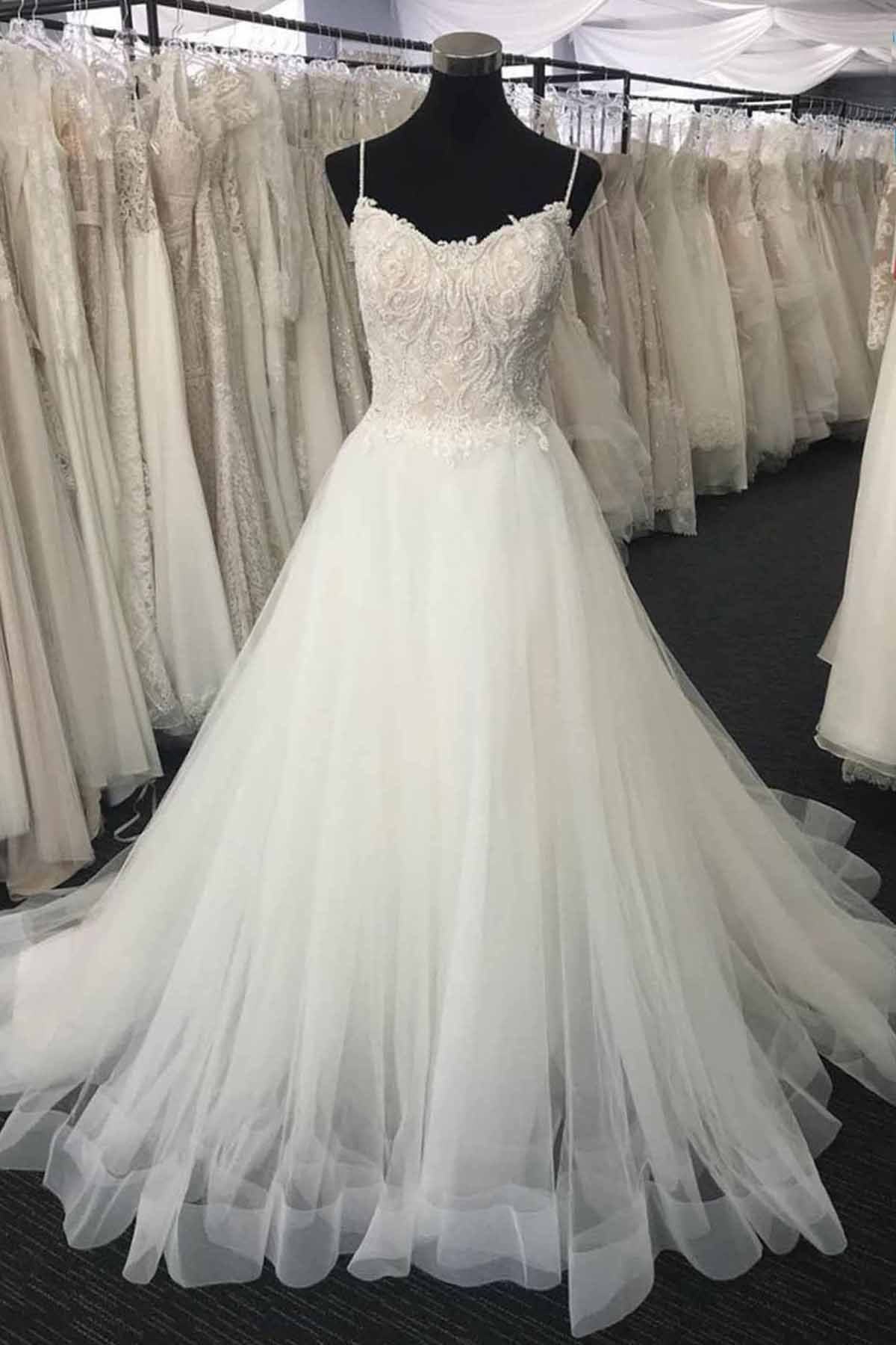 Long A-line Sweetheart Lace Tulle Wedding Dress-BIZTUNNEL