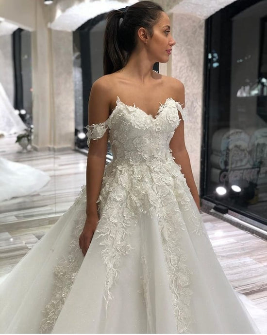 Long A-Line Sweetheart Off-the-Shoulder Appliques Lace Tulle Wedding Dress-BIZTUNNEL