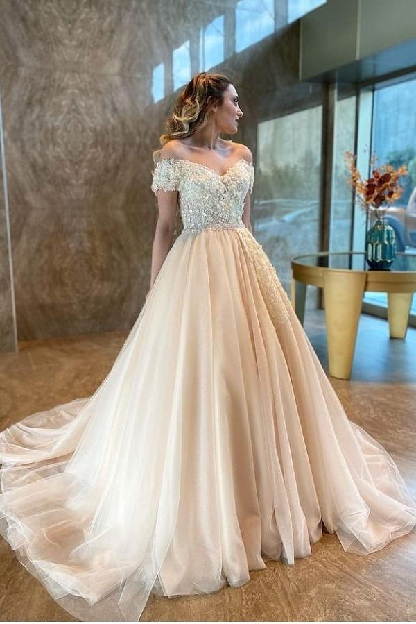 Long A-Line Sweetheart Off-the-Shoulder Backless Tulle Appliques Lace Wedding Dress-BIZTUNNEL