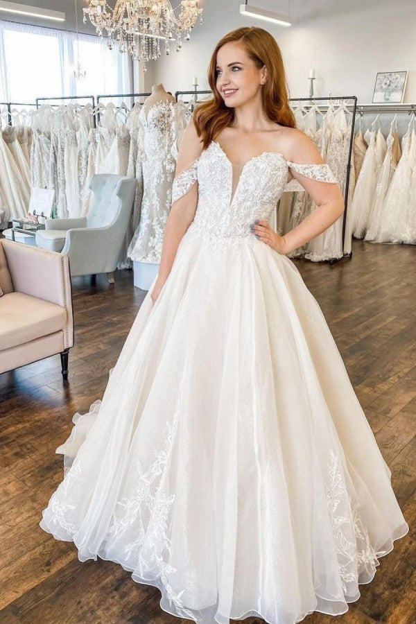 Long A-Line Sweetheart Off-the-Shoulder Backless Wedding Dress With Appliques Lace-BIZTUNNEL
