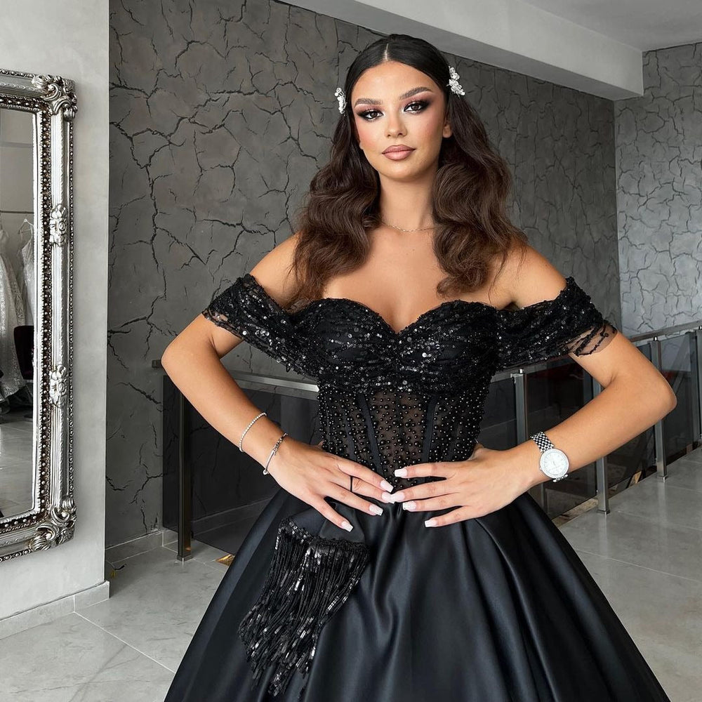 Long A-Line Sweetheart Off The Shoulder Satin Black Formal Prom Dresses with Lace Long A-Line Sweetheart Off The Shoulder Satin Black Formal Prom Dresses with Lace