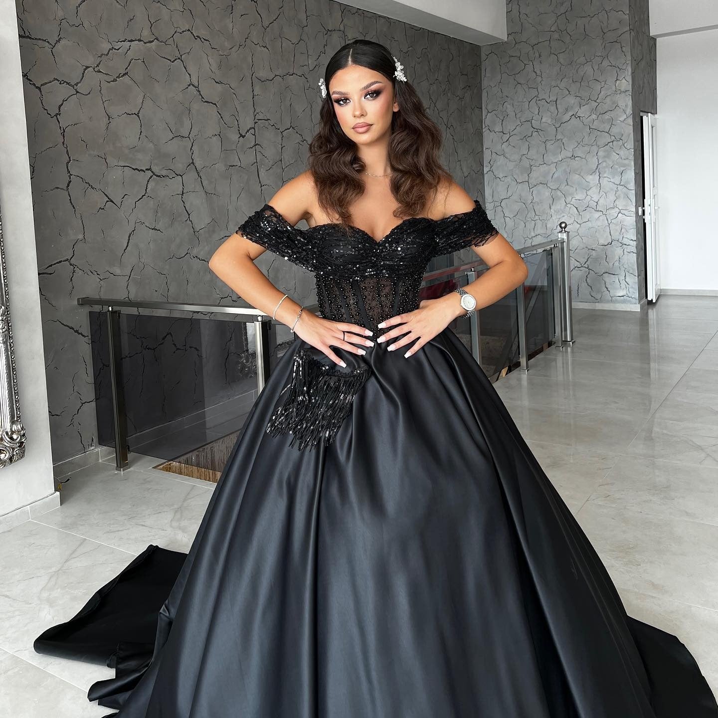 Long A-line Sweetheart Off the Shoulder Satin Black Formal Prom Dresses with Lace-BIZTUNNEL