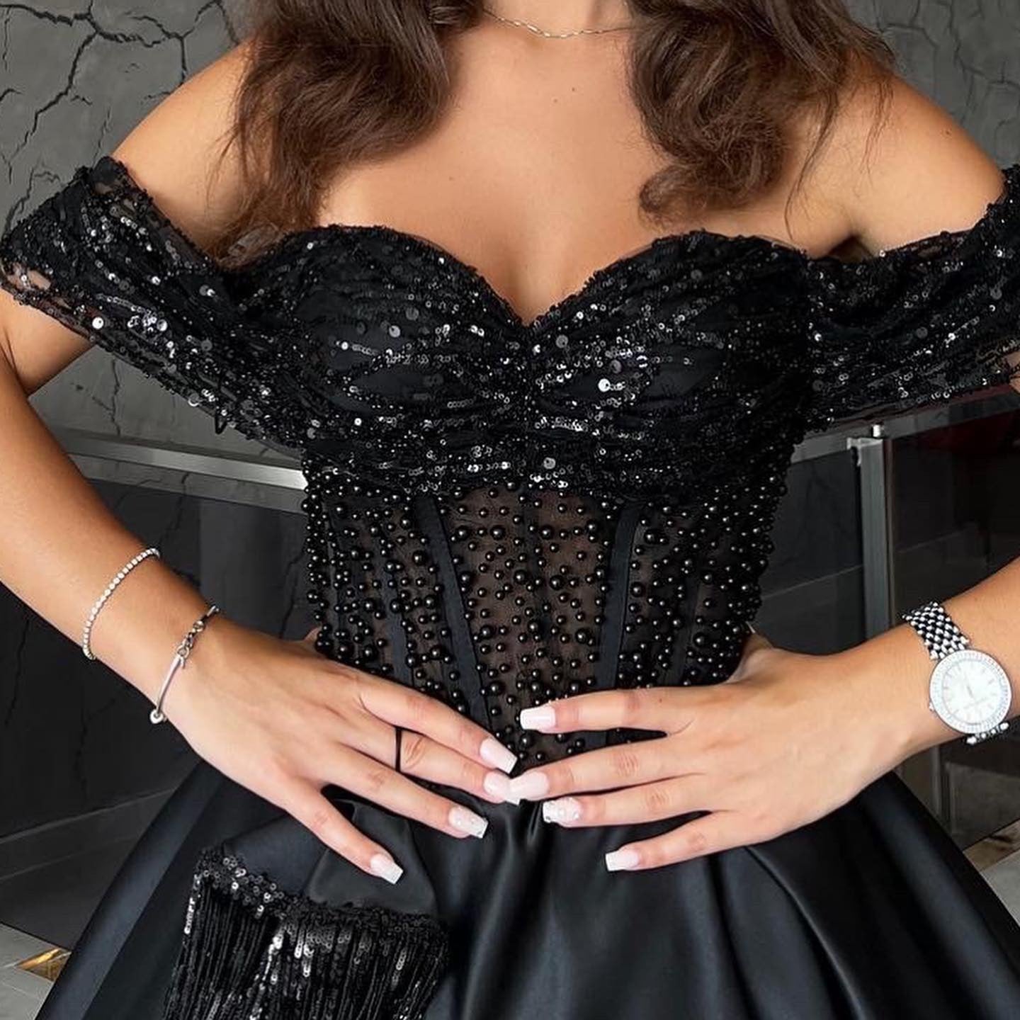 Long A-line Sweetheart Off the Shoulder Satin Black Formal Prom Dresses with Lace-BIZTUNNEL