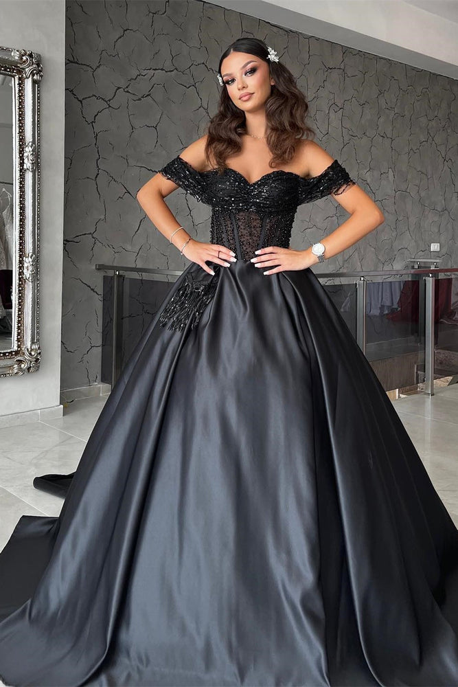 Long A-Line Sweetheart Off The Shoulder Satin Black Formal Prom Dresses with Lace Long A-Line Sweetheart Off The Shoulder Satin Black Formal Prom Dresses with Lace