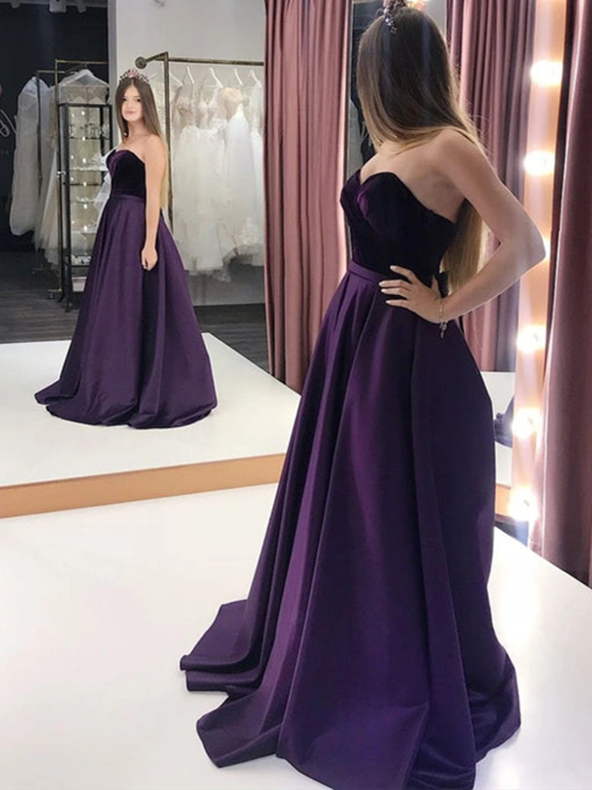 Long A-line Sweetheart Satin Backless Prom Dress Velvet Formal Graduation Evening Gowns with Pockets-BIZTUNNEL