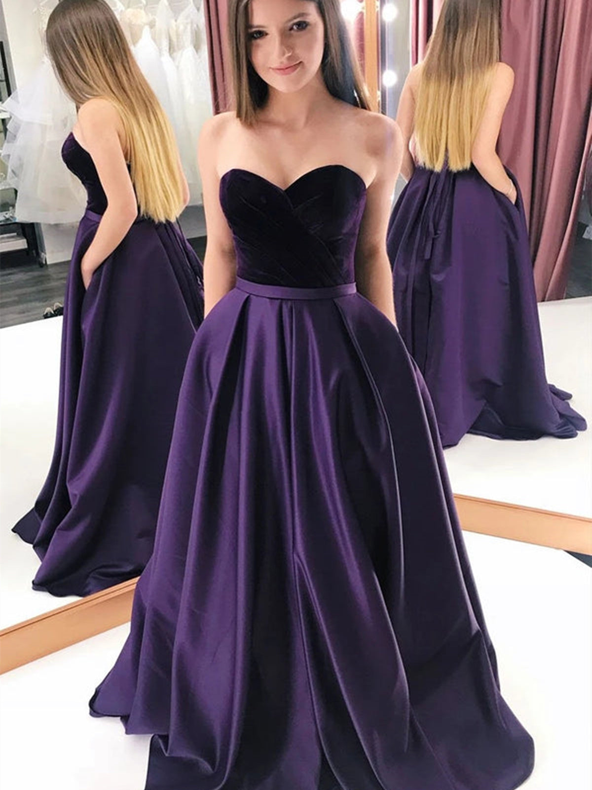Long A-line Sweetheart Satin Backless Prom Dress Velvet Formal Graduation Evening Gowns with Pockets-BIZTUNNEL