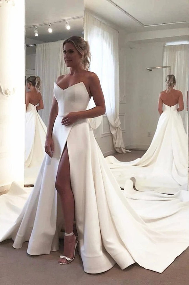 Long A-line Sweetheart Satin Backless Wedding Dress with Slit-BIZTUNNEL
