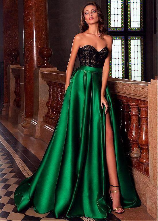 Long A-Line Sweetheart Satin Front Slit Prom Dress With Pockets-BIZTUNNEL