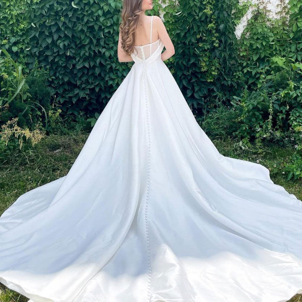 Long A-line Sweetheart Satin Wedding Dress Open Back Bridal Gowns with Pockets Long A-line Sweetheart Satin Wedding Dress Open Back Bridal Gowns with Pockets