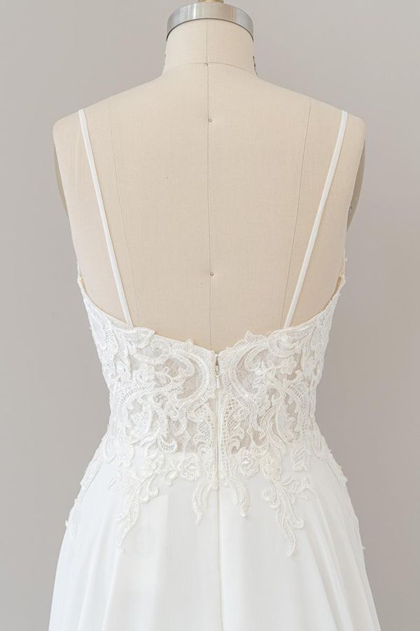 Load image into Gallery viewer, Long A-line Sweetheart Spaghetti Strap Appliques Chiffon Wedding Dress-BIZTUNNEL
