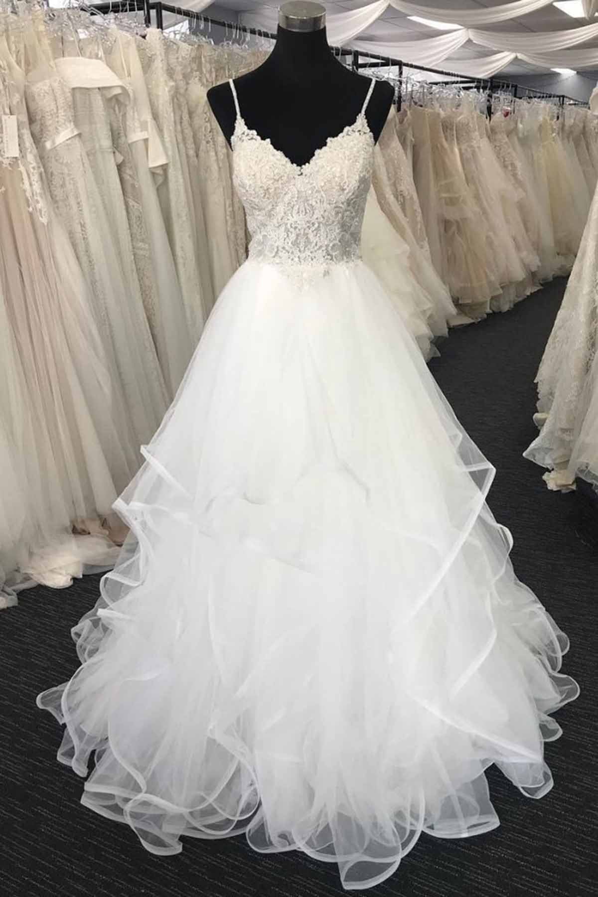 Long A-line Sweetheart Spaghetti Straps Lace Tulle Wedding Dress-BIZTUNNEL