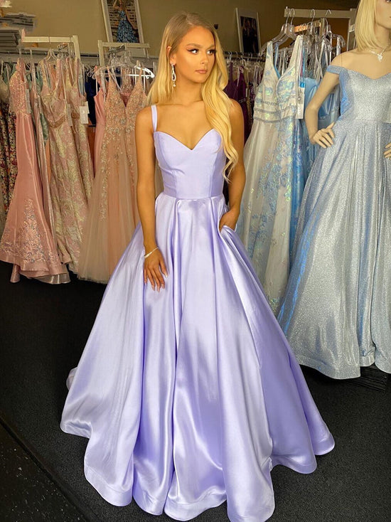 Long A-line Sweetheart Spaghetti Straps Satin Formal Prom Dresses with Pockets-BIZTUNNEL