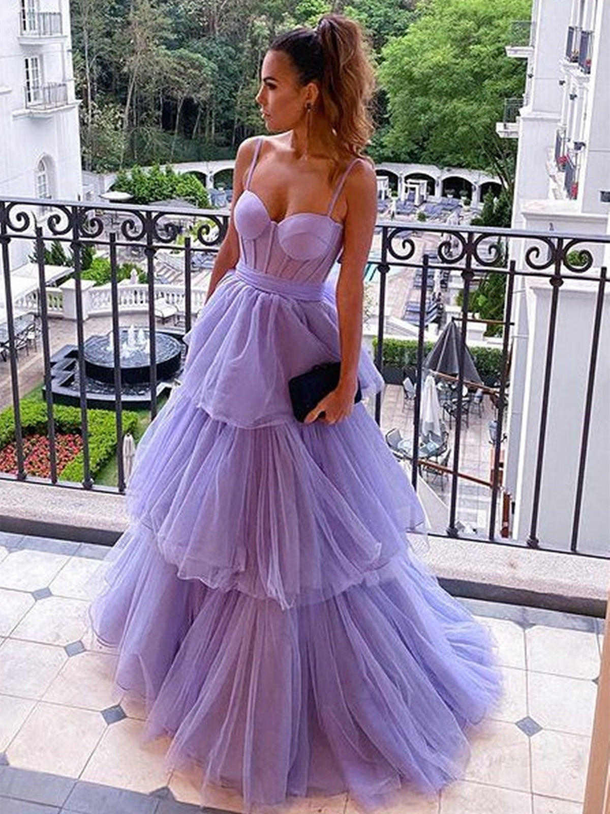 Long A-line Sweetheart Spaghetti Straps Tulle Layered Open Back Formal Prom Dress-BIZTUNNEL