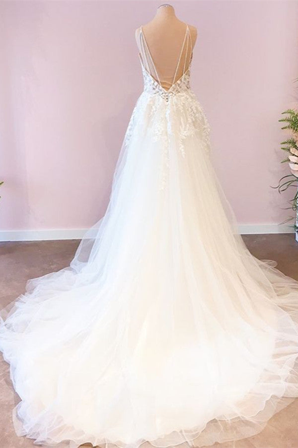 Long A-Line Sweetheart Spaghetti Straps Tulle Wedding Dress-BIZTUNNEL