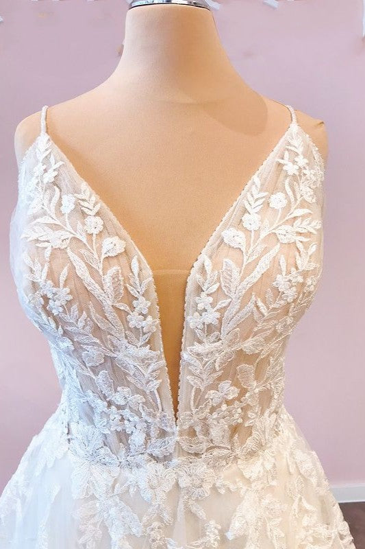 White A Line Spaghetti Straps Plus Size Tulle Engagement Dress with Lace main image 1