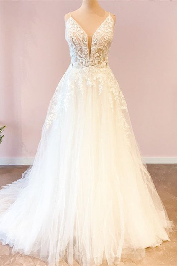 A-Line Sweetheart Spaghetti Straps Tulle Wedding Dress With Lace Appliques main image 0