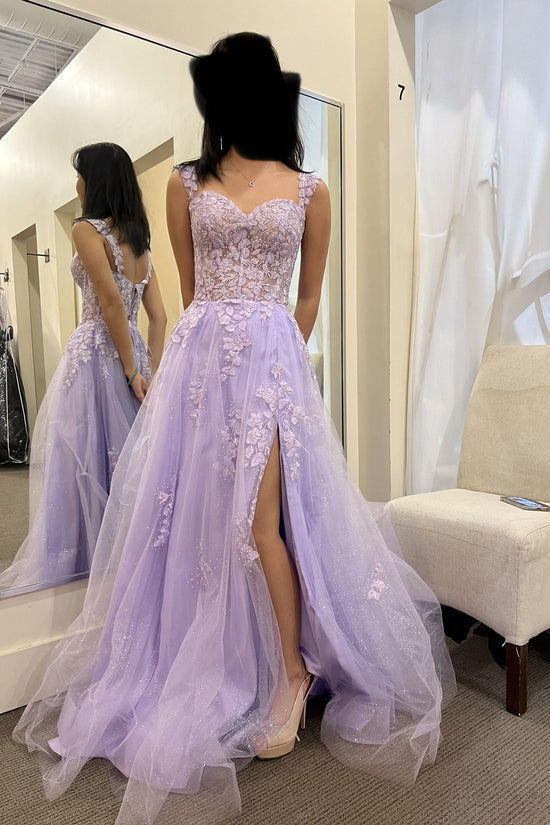 Long A-Line Sweetheart Tulle Lace Backless Prom Dress With Slit-BIZTUNNEL