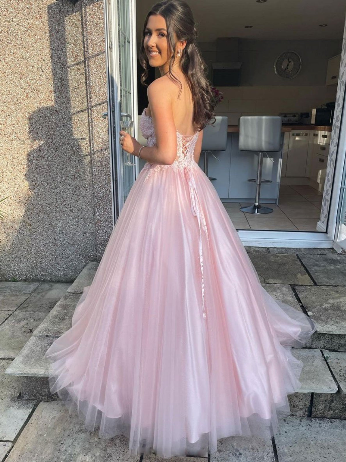 Carregar imagem no visualizador da galeria, Long A-line Sweetheart Tulle Lace Prom Dress Pink Lace Formal Evening Gowns-BIZTUNNEL
